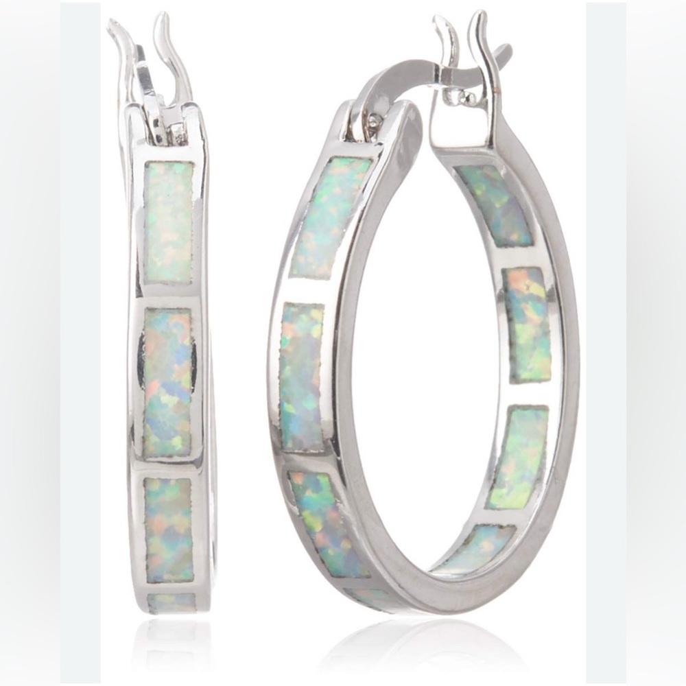 New Sterling Silver Iridescent Opal Hoop Earrings 925 - Picture 1 of 8